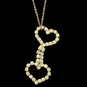 ⚜️New Gold chain necklace w rhinestone double heart pendant C5